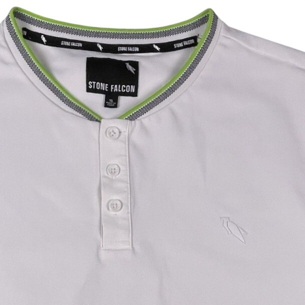 Stone Falcon Henley Shirt Mens XL White Short Sleeve Polyester Sporty Lime Trim